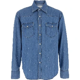 Light Blue Shirt with Classic Collar and All-Over Hand Painted Details in Denim Man