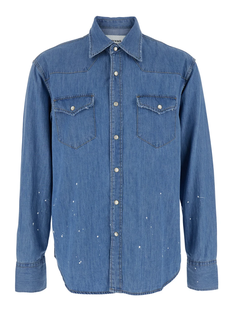 Light Blue Shirt with Classic Collar and All-Over Hand Painted Details in Denim Man