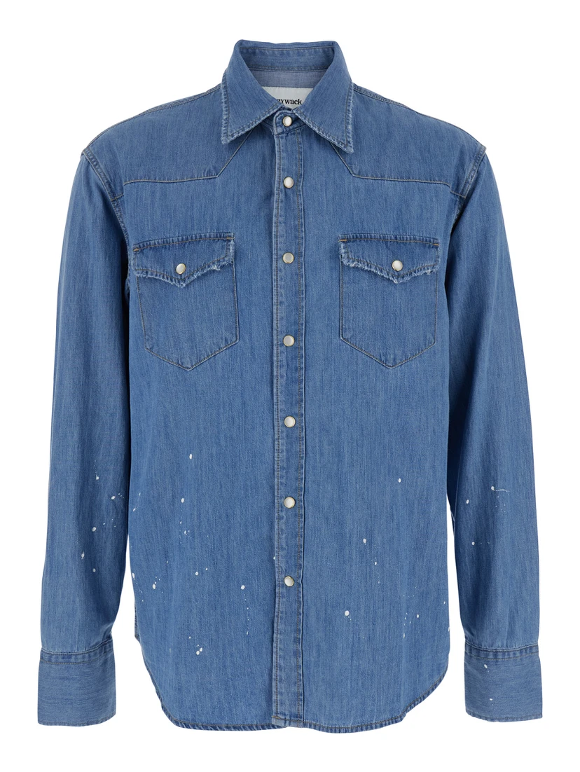 Light Blue Shirt with Classic Collar and All-Over Hand Painted Details in Denim Man