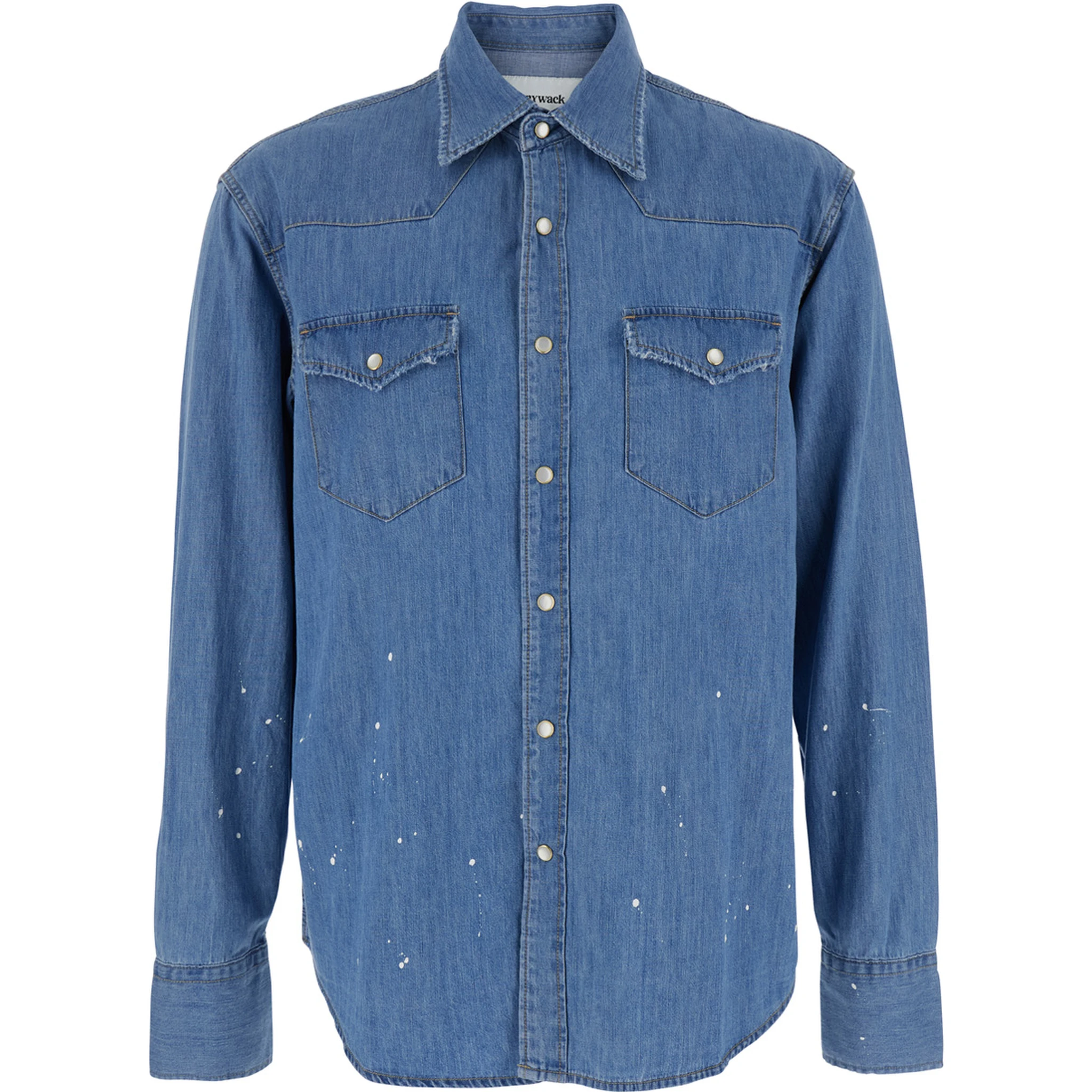 Light Blue Shirt with Classic Collar and All-Over Hand Painted Details in Denim Man