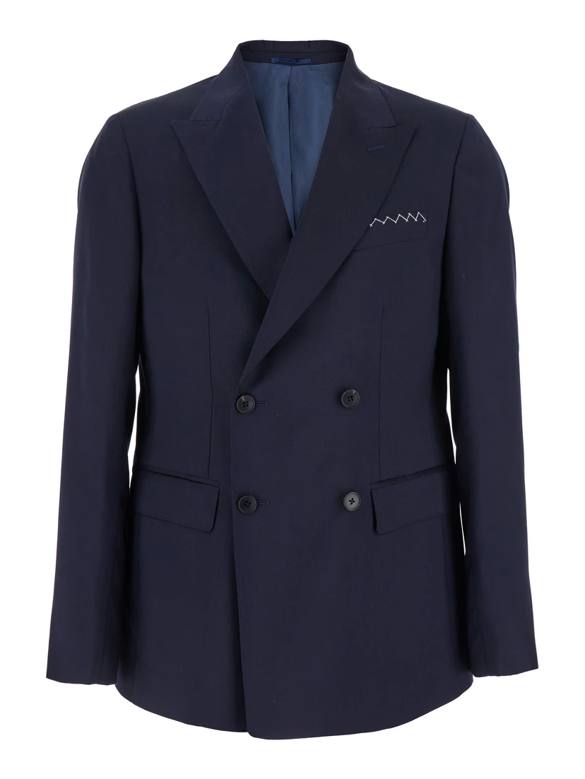 Blue Double-Breasted Jacket with Peak Revers and Embroidery Detail on the Front in Wool Man