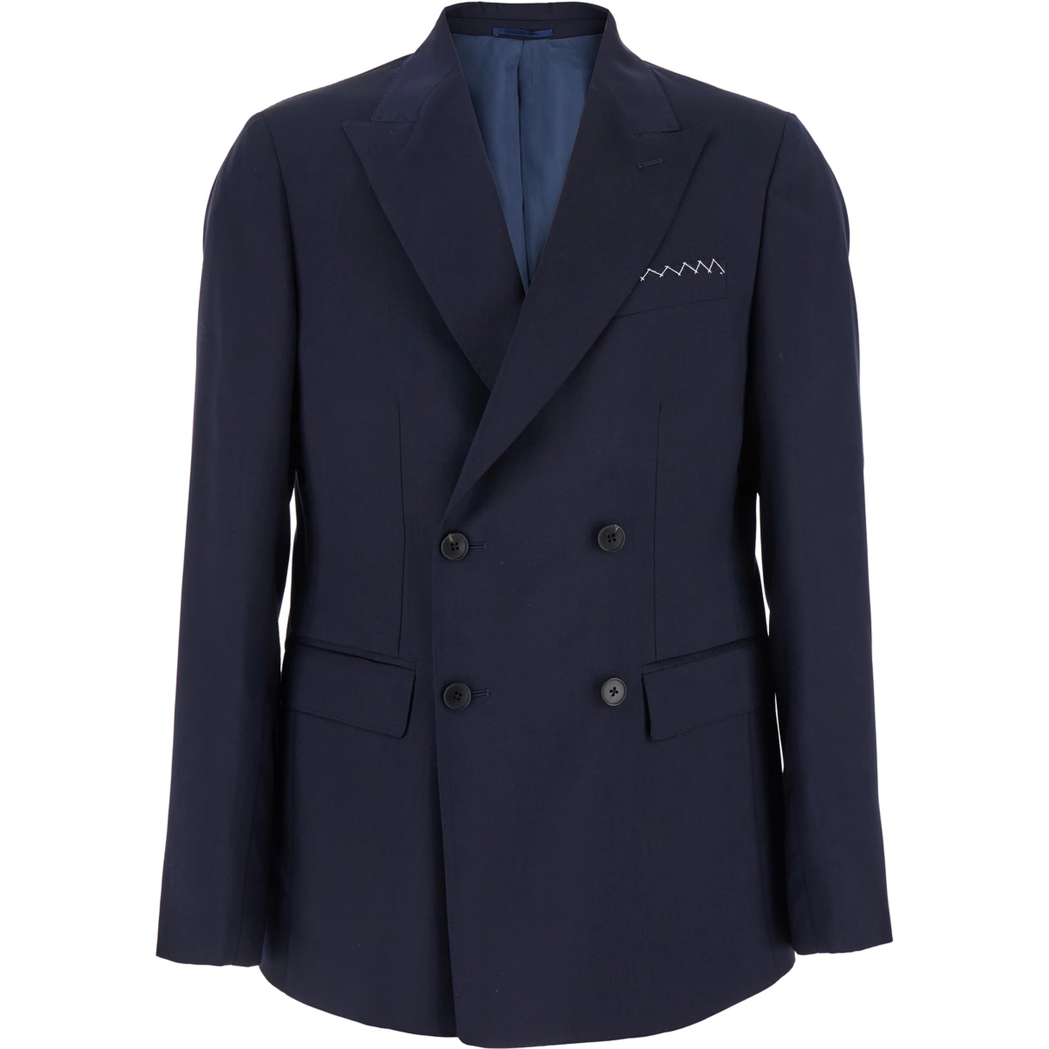 Blue Double-Breasted Jacket with Peak Revers and Embroidery Detail on the Front in Wool Man