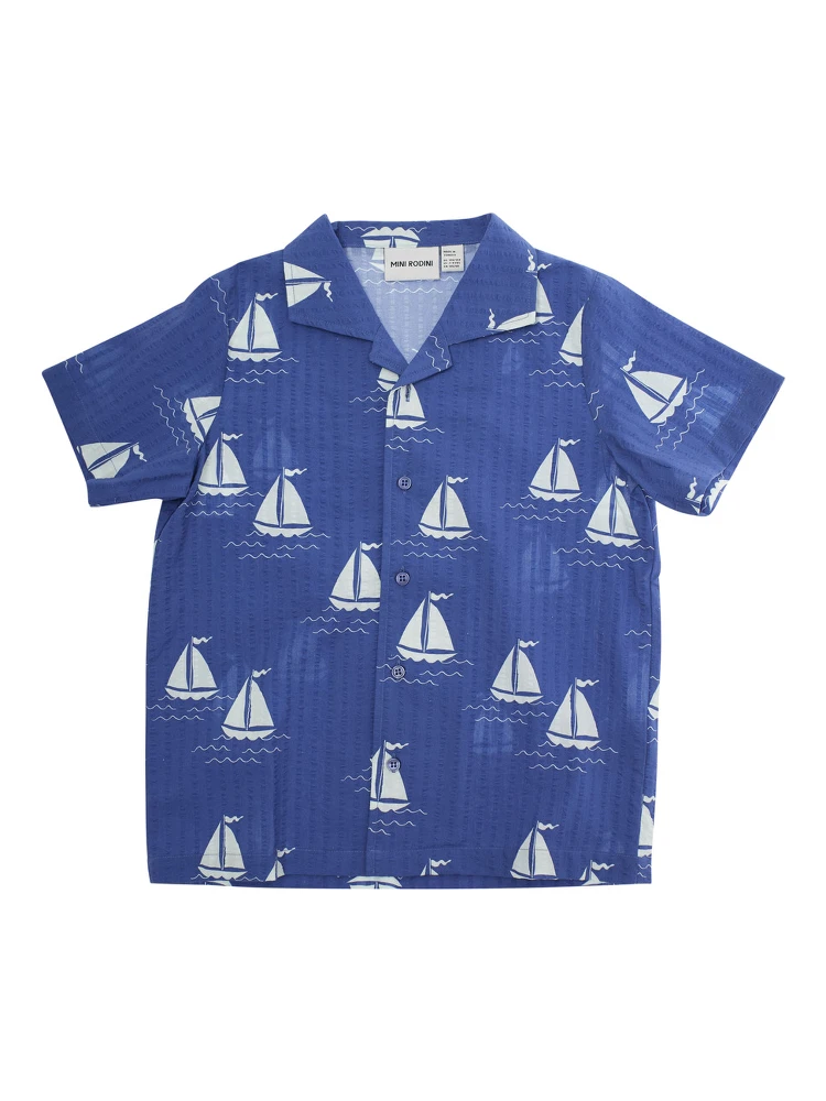 Sailing Boats Blue Shirt with Cuban Collar and All-Over Graphic Print in Cotton Boy