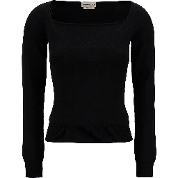 Black Top with Square Neckline in Viscose Blend Woman
