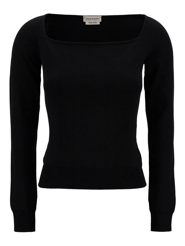 Black Top with Square Neckline in Viscose Blend Woman
