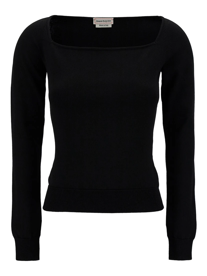 Black Top with Square Neckline in Viscose Blend Woman
