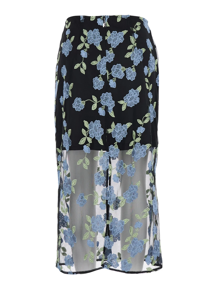 Black Pencil skirt with Mesh Panels and All-Over Floral Motif in Tech Fabric Woman
