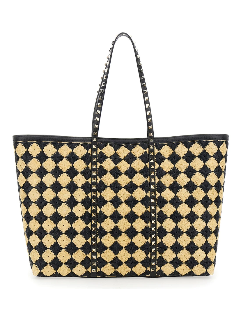 Beige Shopper with All-Over Diamond Pattern and Applied Rockstud Studs in Synthetic Raffia Woman