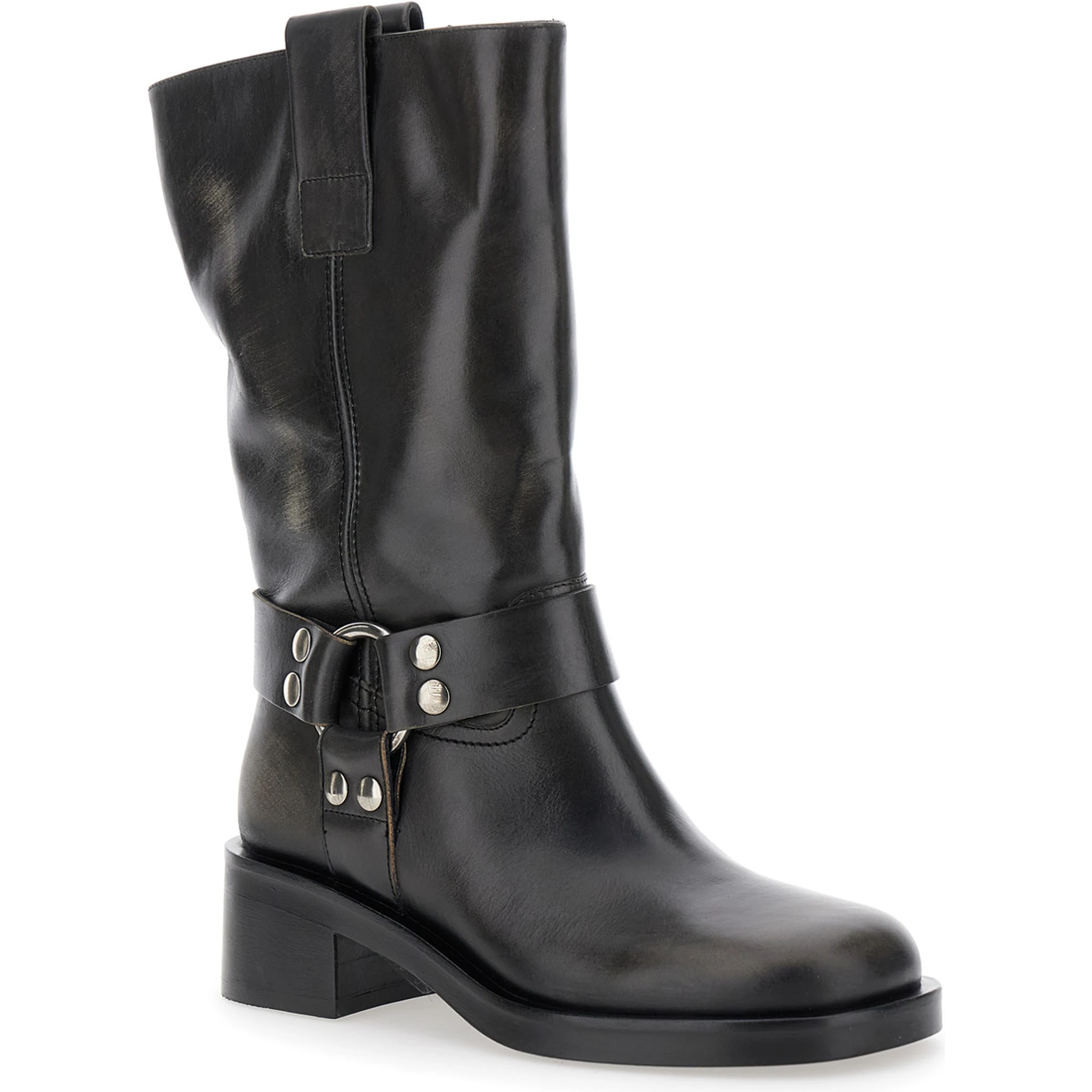 Black Ankle Boots with Studs and Ring in Leather Woman