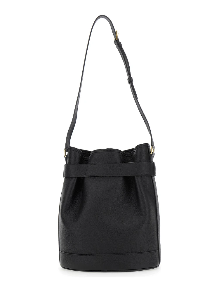 Black Medium Bucket Bag with Adjustable Shoulder Strap and Buckle Closure in Grained Leather Woman alternative
