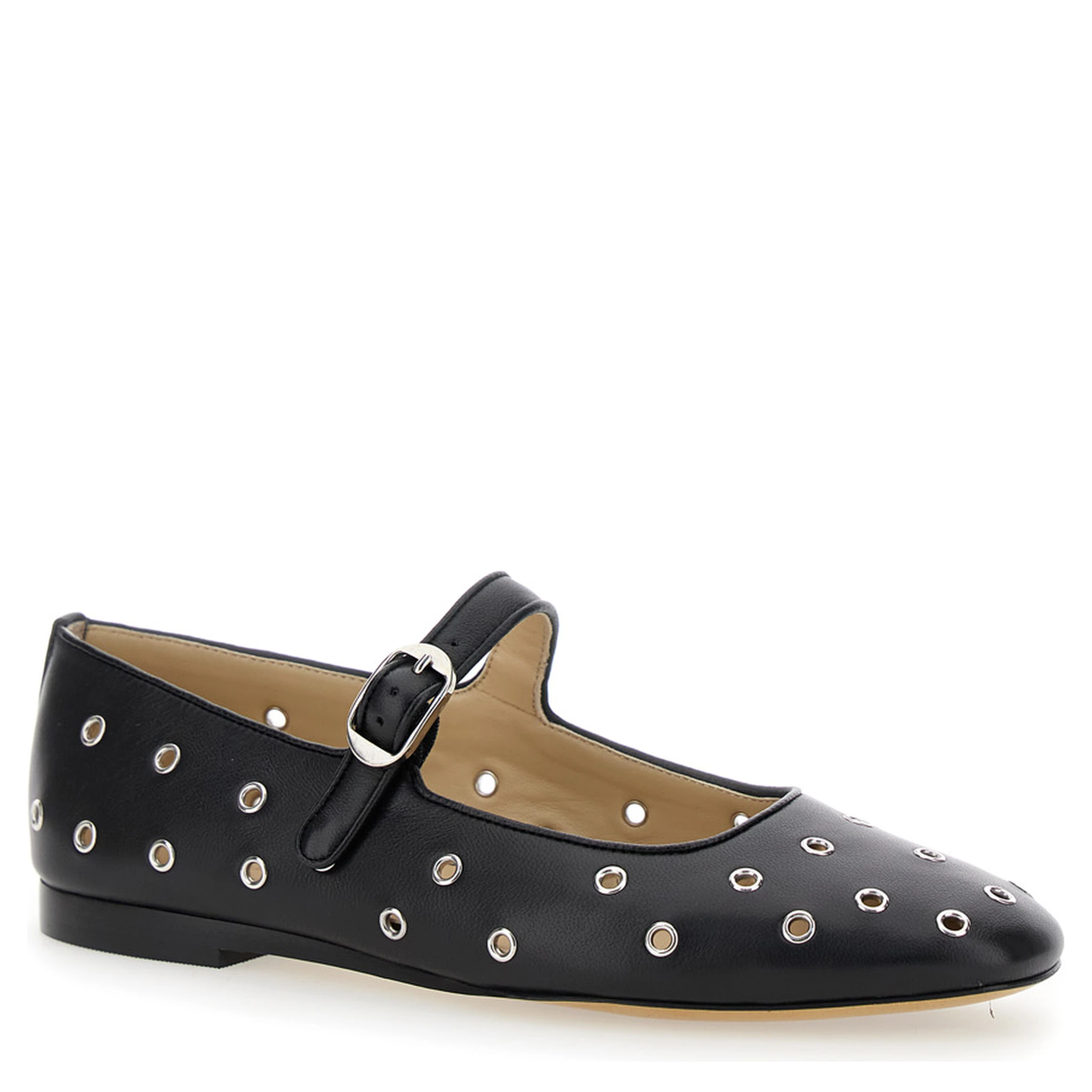 Mary Jane Black Ballerinas with Eyelets in Leather Woman