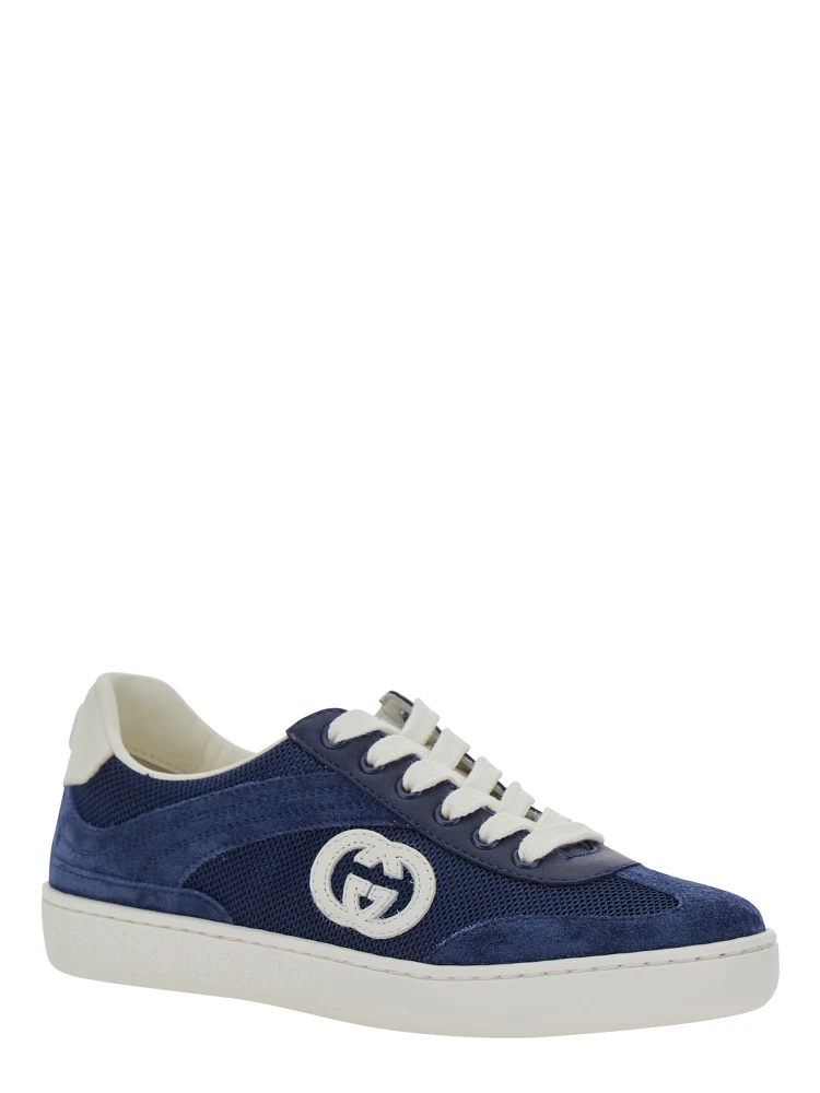 Blue Sneaker with GG Cross on the Side and Back in Suede and Fabric Boy