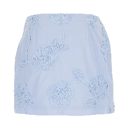 Light Blue Mini Skirt with Low Waist and All-Over Floral Motif in Cotton Woman