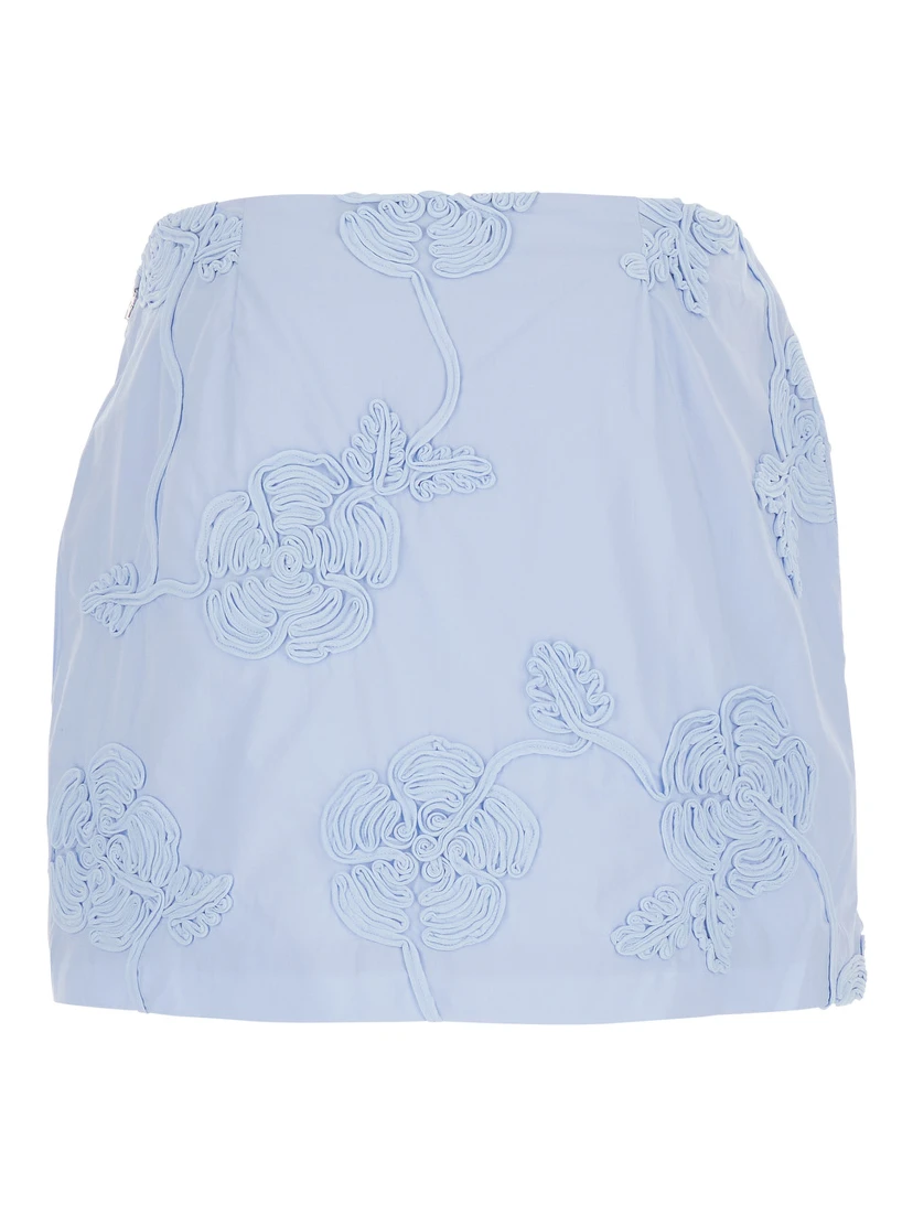 Light Blue Mini Skirt with Low Waist and All-Over Floral Motif in Cotton Woman