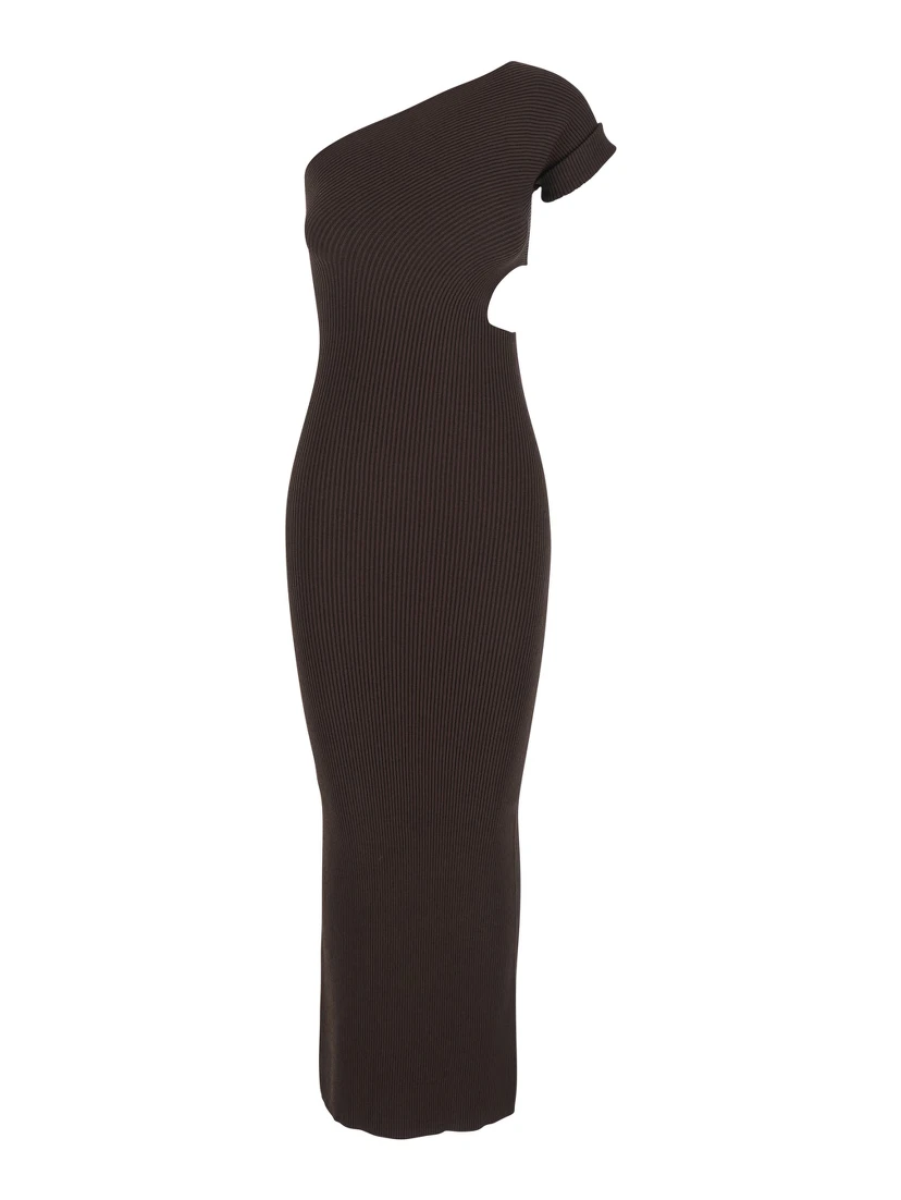 Arda Brown Long Dress with Cut-Out and One-Shoulder Design in Viscose Blend Woman