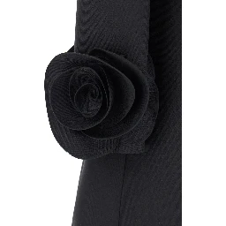 Black Crewneck Short Dress with Floral Detail in Wool Woman