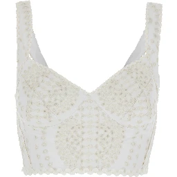 Goldie White Top with V-Neck on the Front and Perforated Design in Cotton and Linen Blend Woman