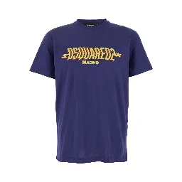 Blue Crewneck T-Shirt with Logo Print on the Front in Cotton Man