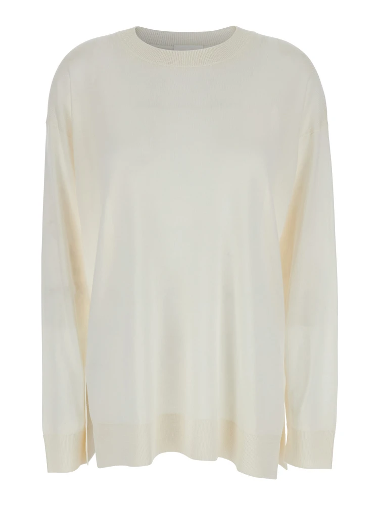 White Long-Sleeved Crewneck Sweater in Wool and Silk Blend Woman
