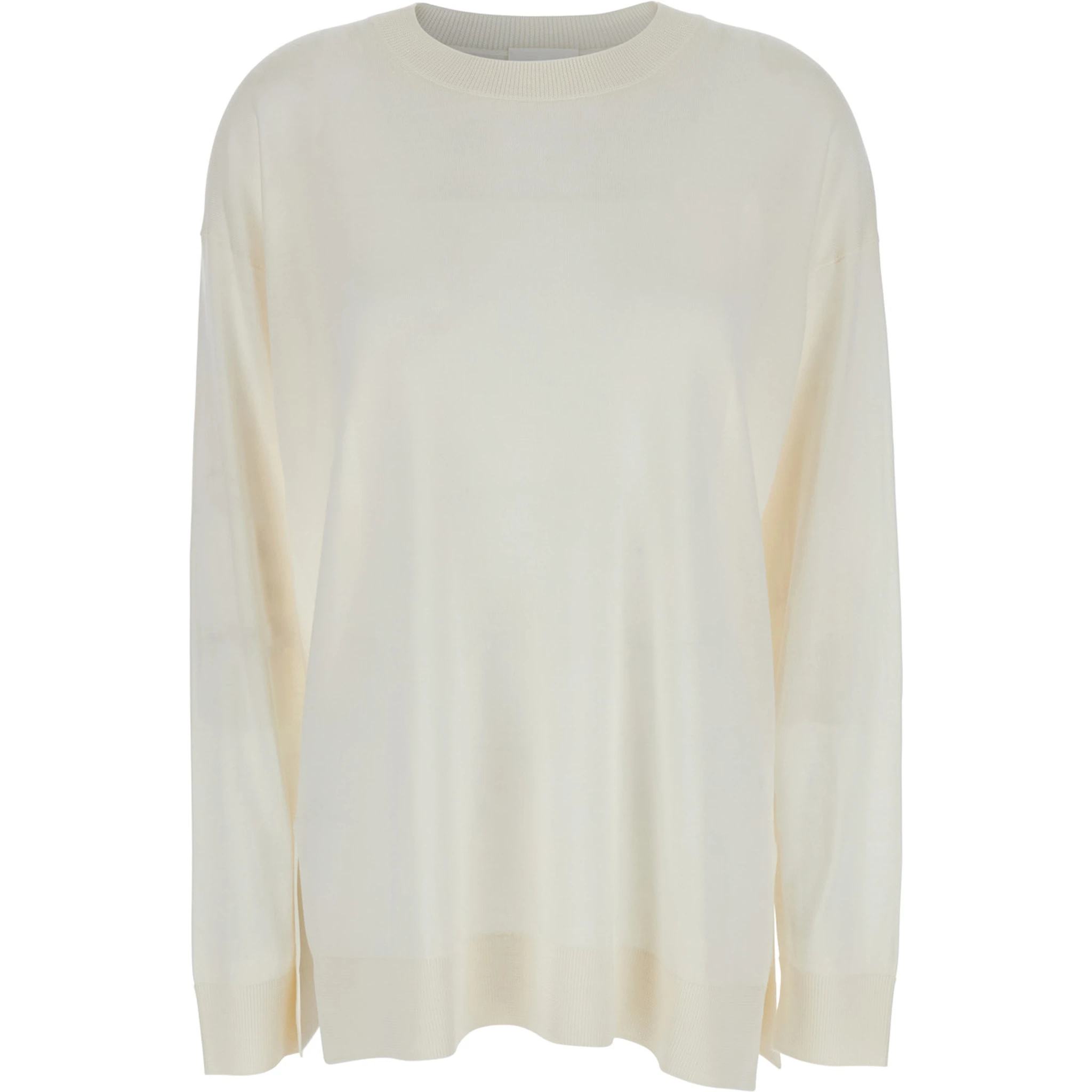 White Long-Sleeved Crewneck Sweater in Wool and Silk Blend Woman
