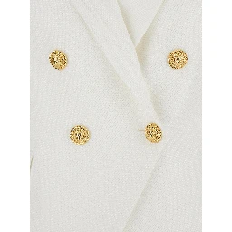 White Double-breasted Jacket with Peak Lapels and Logo Buttons in Fabric Women