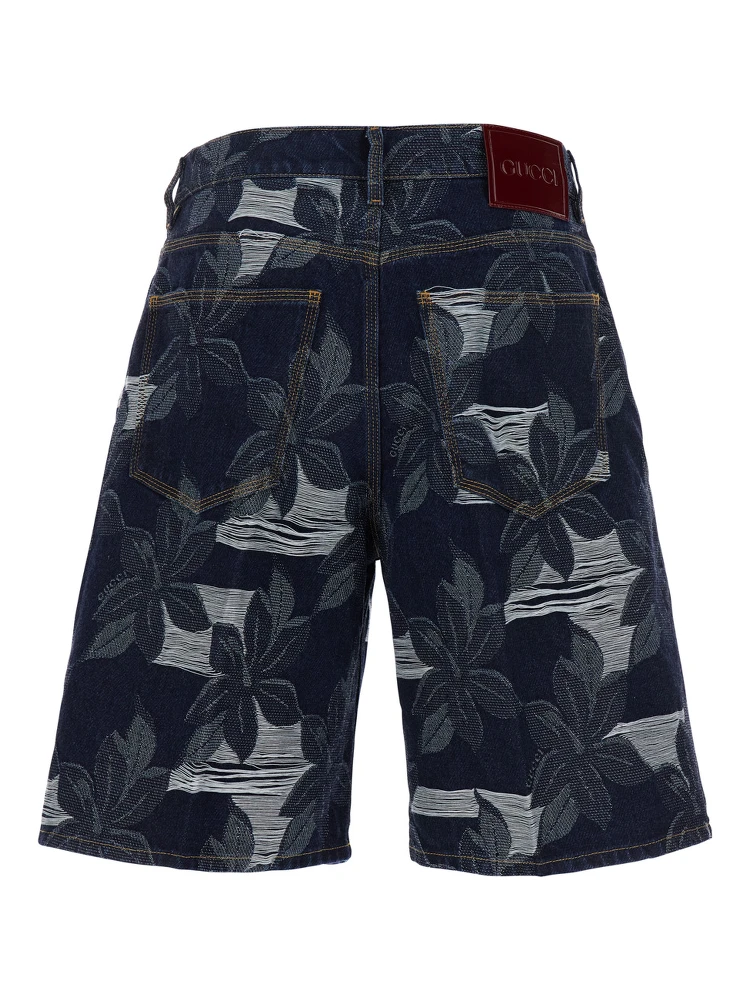 Blue Bermuda Shorts with All-Over Floral Embroidery and Logo Patch on the Back in Denim Man alternative