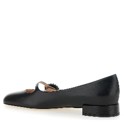 Black Ballet Shoes with Floral Detail with VLogo in Leather Woman