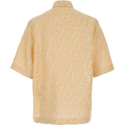 Yellow Shirt with Wide Short Sleeves and All-Over FF Motif in Linen Blend Man
