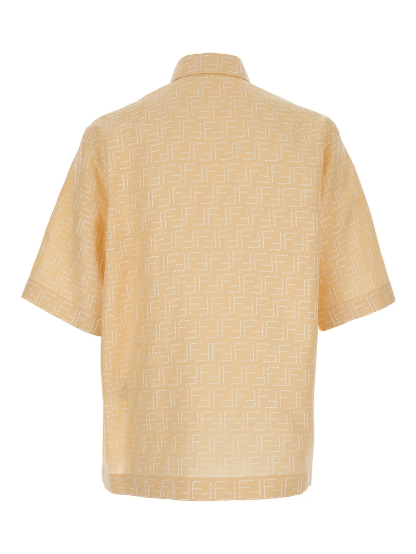 Yellow Shirt with Wide Short Sleeves and All-Over FF Motif in Linen Blend Man