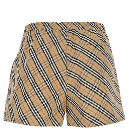 Beige Shorts with Elastic Drawstring Waist and All-Over Check Motif in Cotton Woman