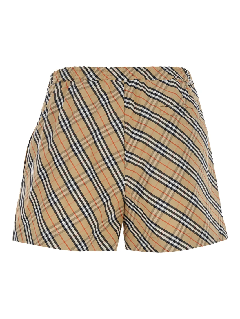 Beige Shorts with Elastic Drawstring Waist and All-Over Check Motif in Cotton Woman