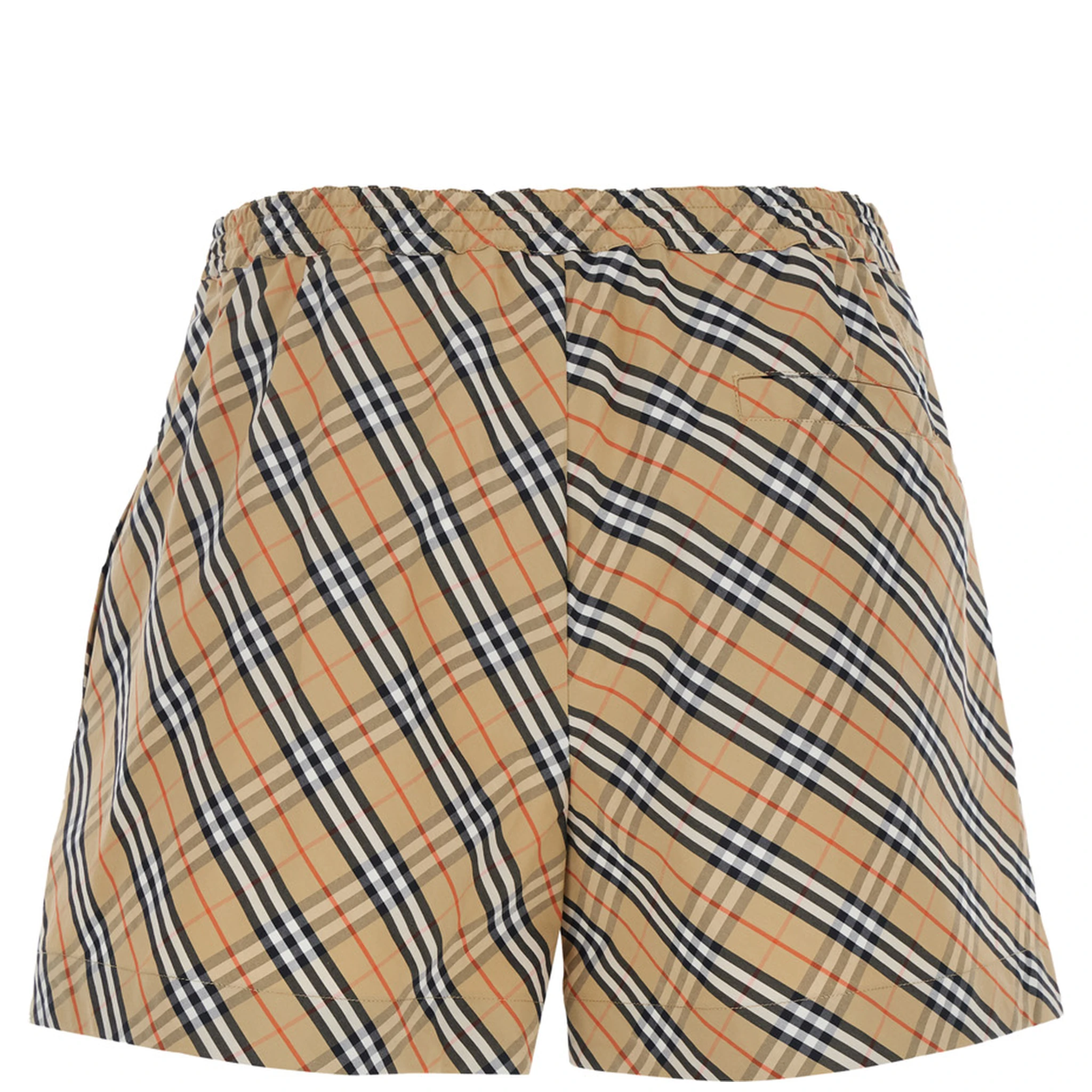Beige Shorts with Elastic Drawstring Waist and All-Over Check Motif in Cotton Woman