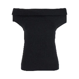 Black Off-Shoulder Double-Knit Top in Tech Fabric Woman