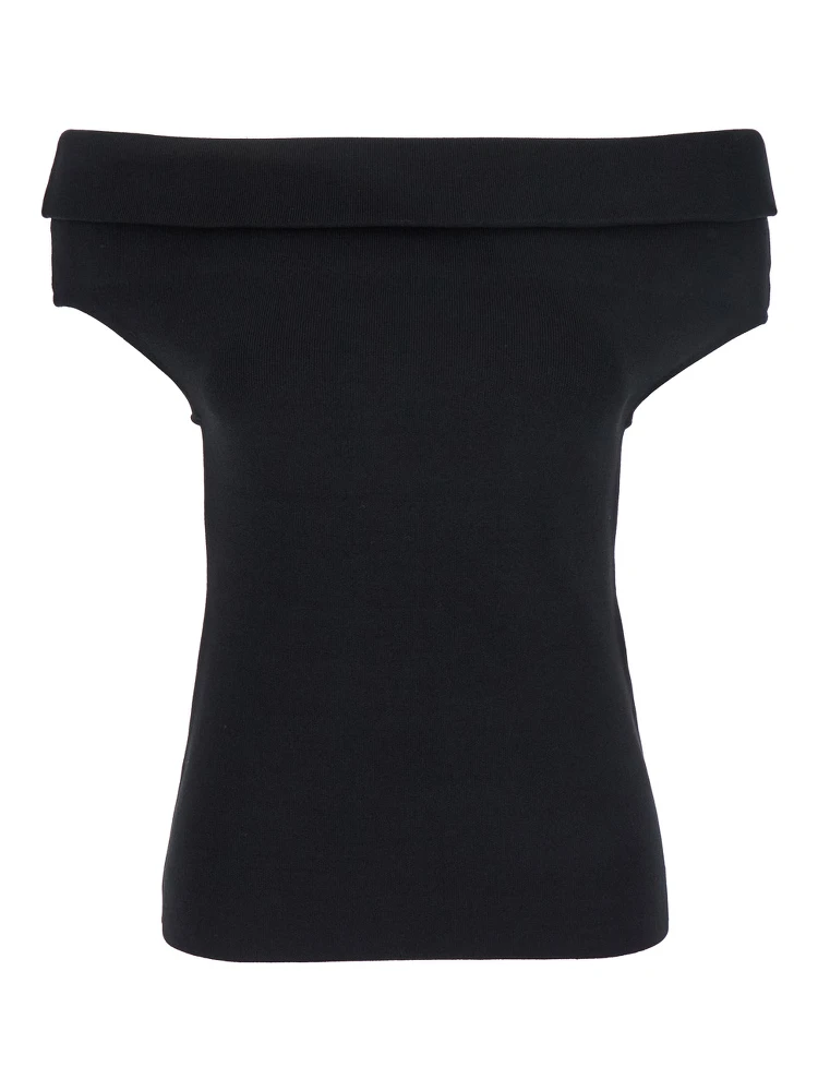 Black Off-Shoulder Double-Knit Top in Tech Fabric Woman