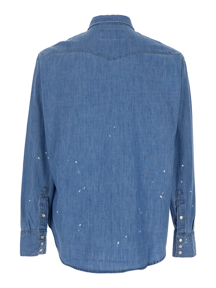 Light Blue Shirt with Classic Collar and All-Over Hand Painted Details in Denim Man alternative