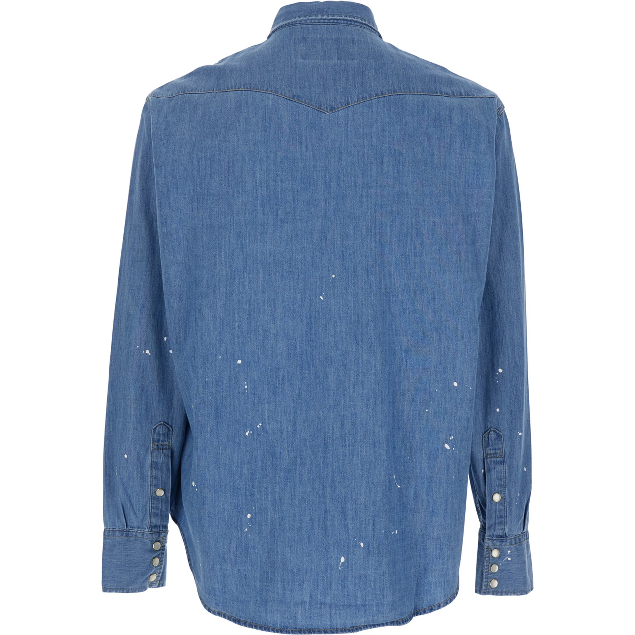 Light Blue Shirt with Classic Collar and All-Over Hand Painted Details in Denim Man