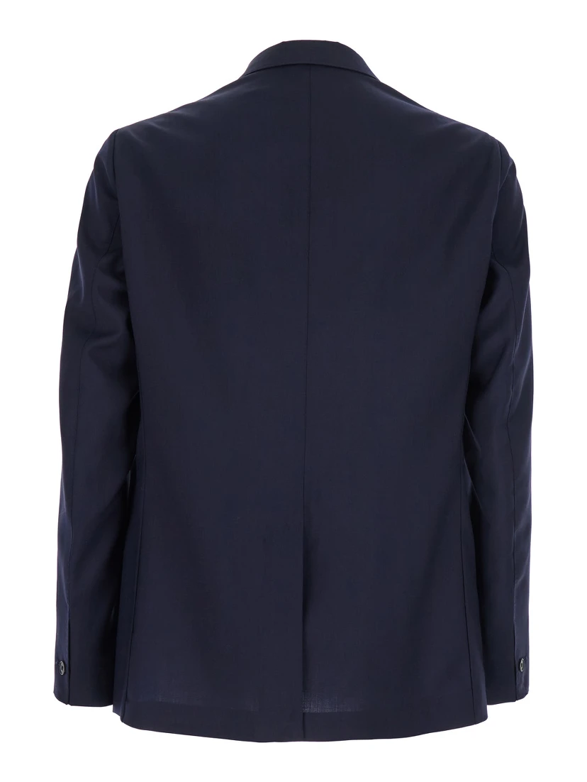 Blue Double-Breasted Jacket with Peak Revers and Embroidery Detail on the Front in Wool Man