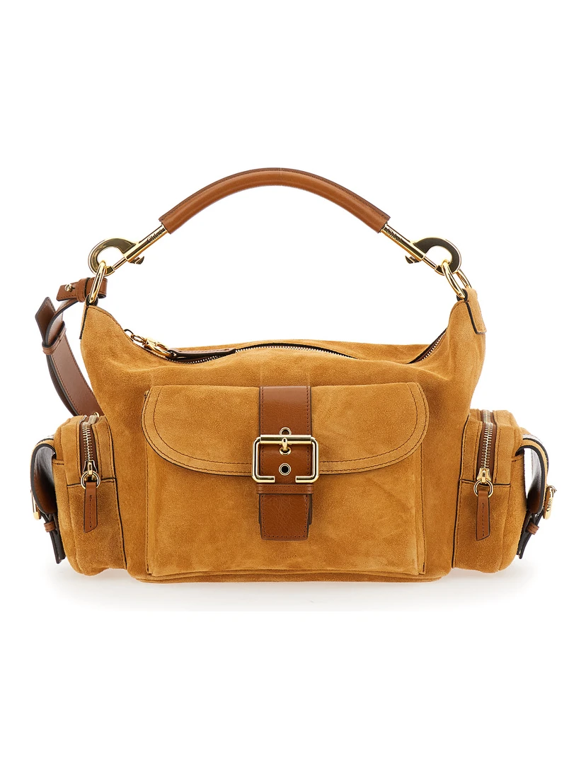 Camera Brown Handbag with Removable Upper Shoulder Strap and Three External Pockets in Suede Woman