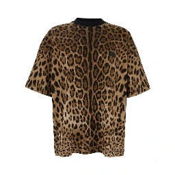 Brown T-Shirt with All-Over Leopard Motif in Cotton Man