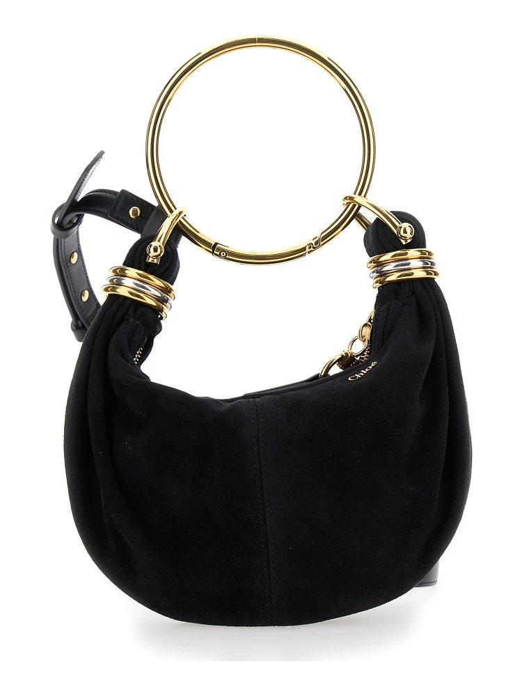 Small Bracelet Black Handbag with Ring Handle and Lettering Logo in Suede Woman