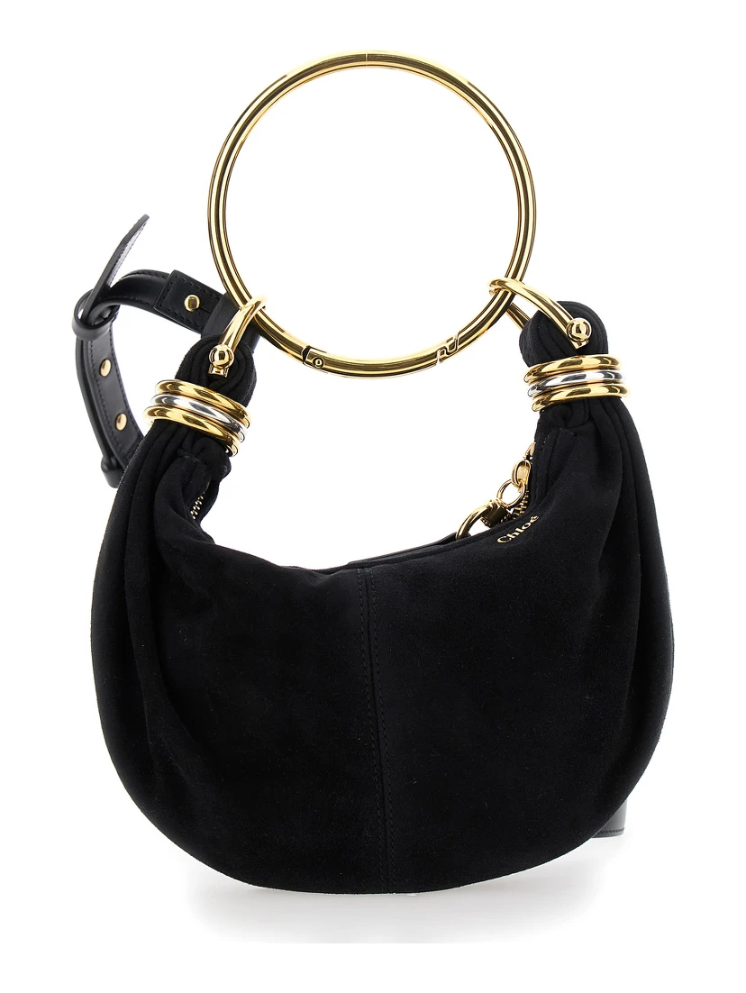 Small Bracelet Black Handbag with Ring Handle and Lettering Logo in Suede Woman