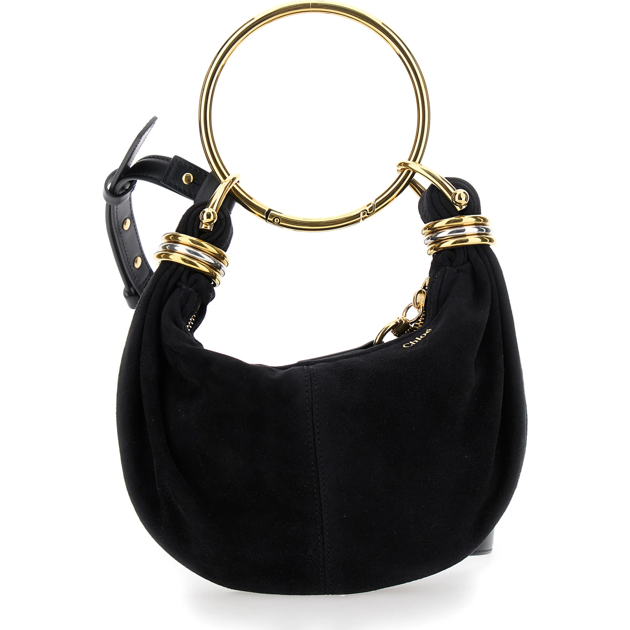 Small Bracelet Black Handbag with Ring Handle and Lettering Logo in Suede Woman
