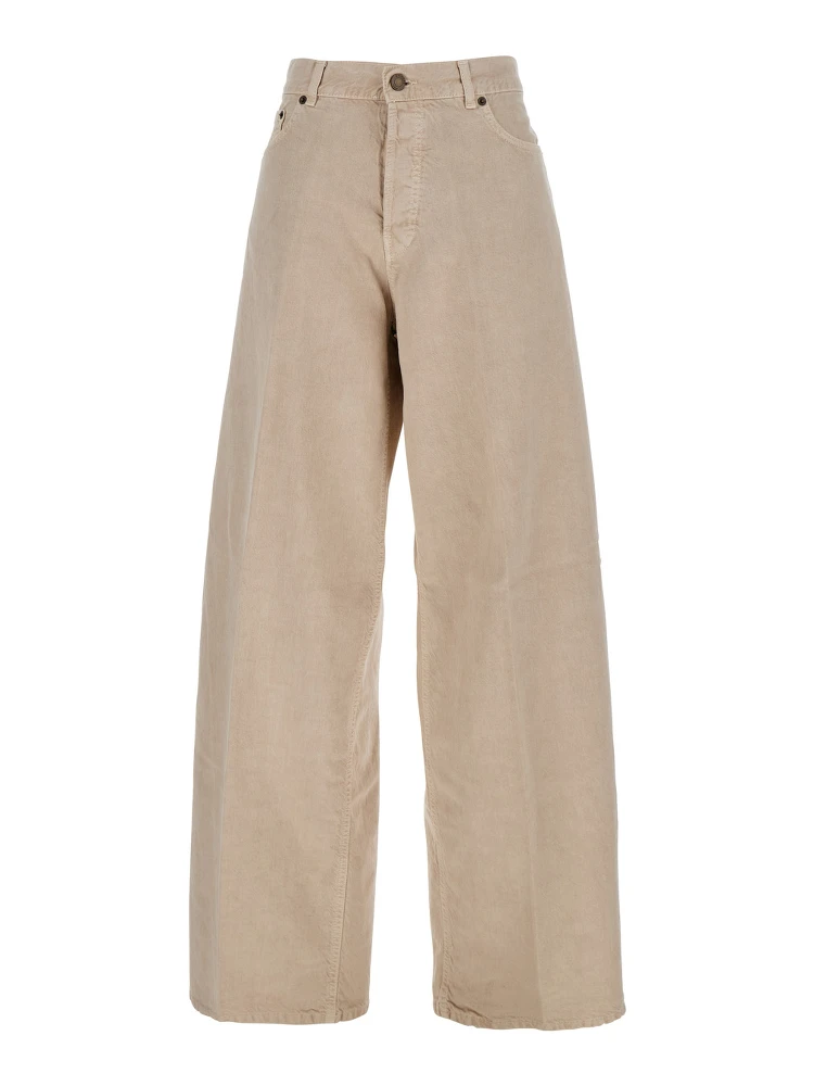 Beige Five Pocket Jeans with Logo Patch on the Back in Cotton Woman