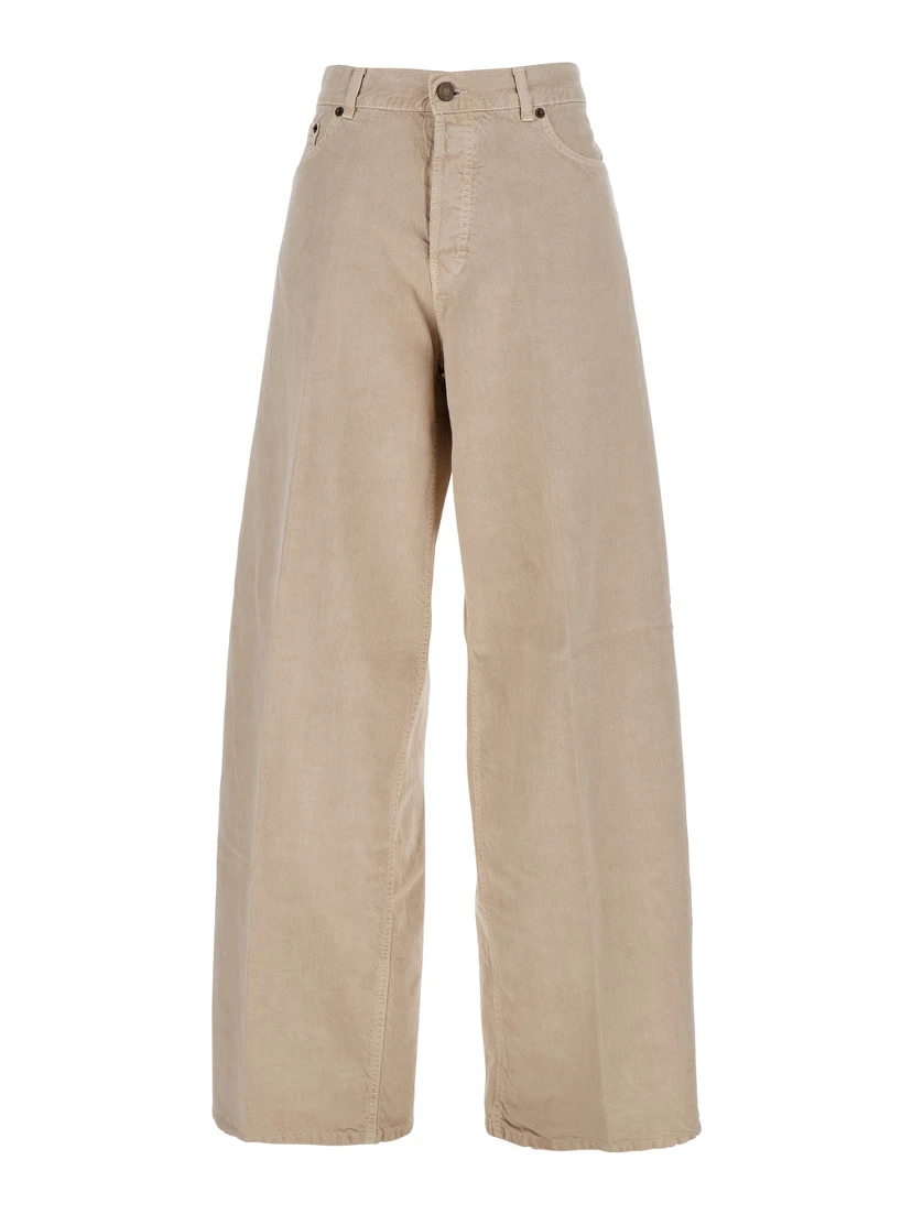 Beige Five Pocket Jeans with Logo Patch on the Back in Cotton Woman