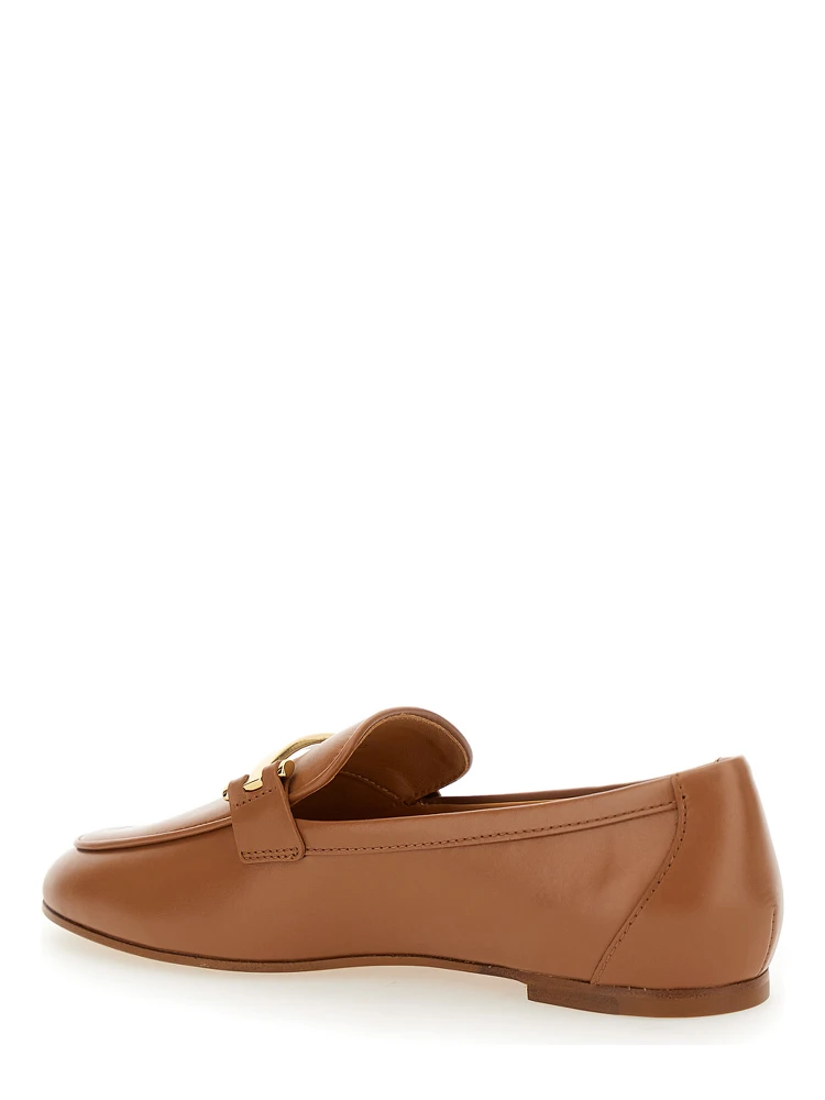 Brown Loafers with Logo Plaque in Leather Woman