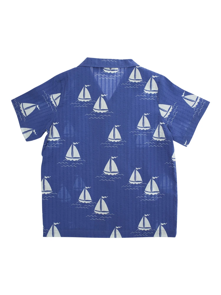 Sailing Boats Blue Shirt with Cuban Collar and All-Over Graphic Print in Cotton Boy alternative