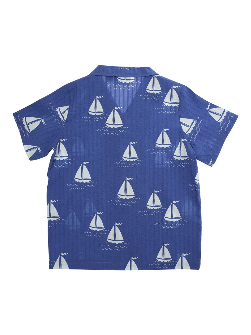Sailing Boats Blue Shirt with Cuban Collar and All-Over Graphic Print in Cotton Boy