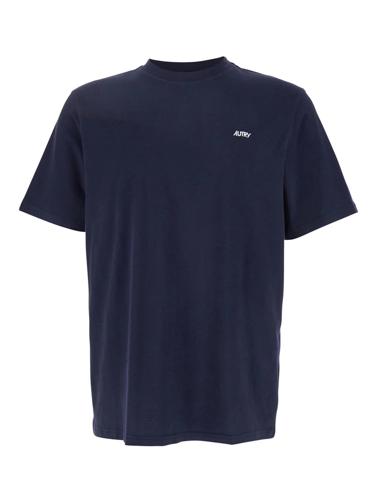 Blue Round Neck T-Shirt with Logo Embroidered on the Front in Cotton Man