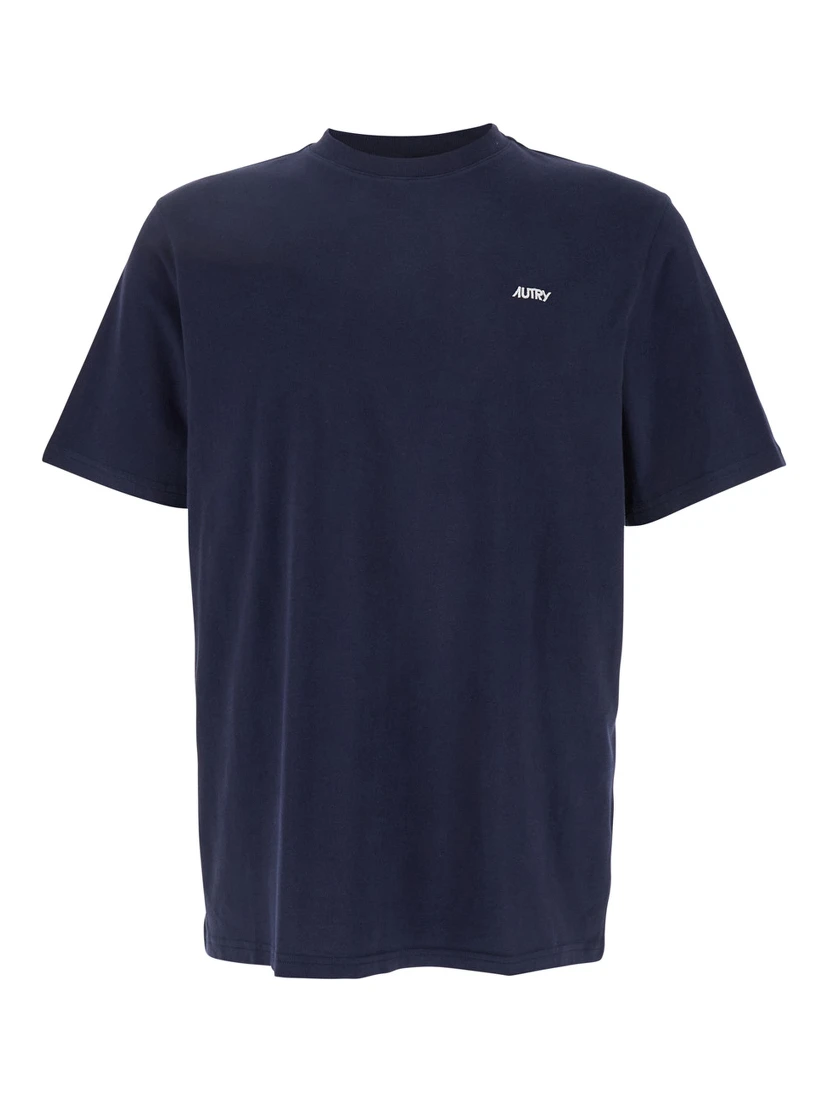 Blue Round Neck T-Shirt with Logo Embroidered on the Front in Cotton Man
