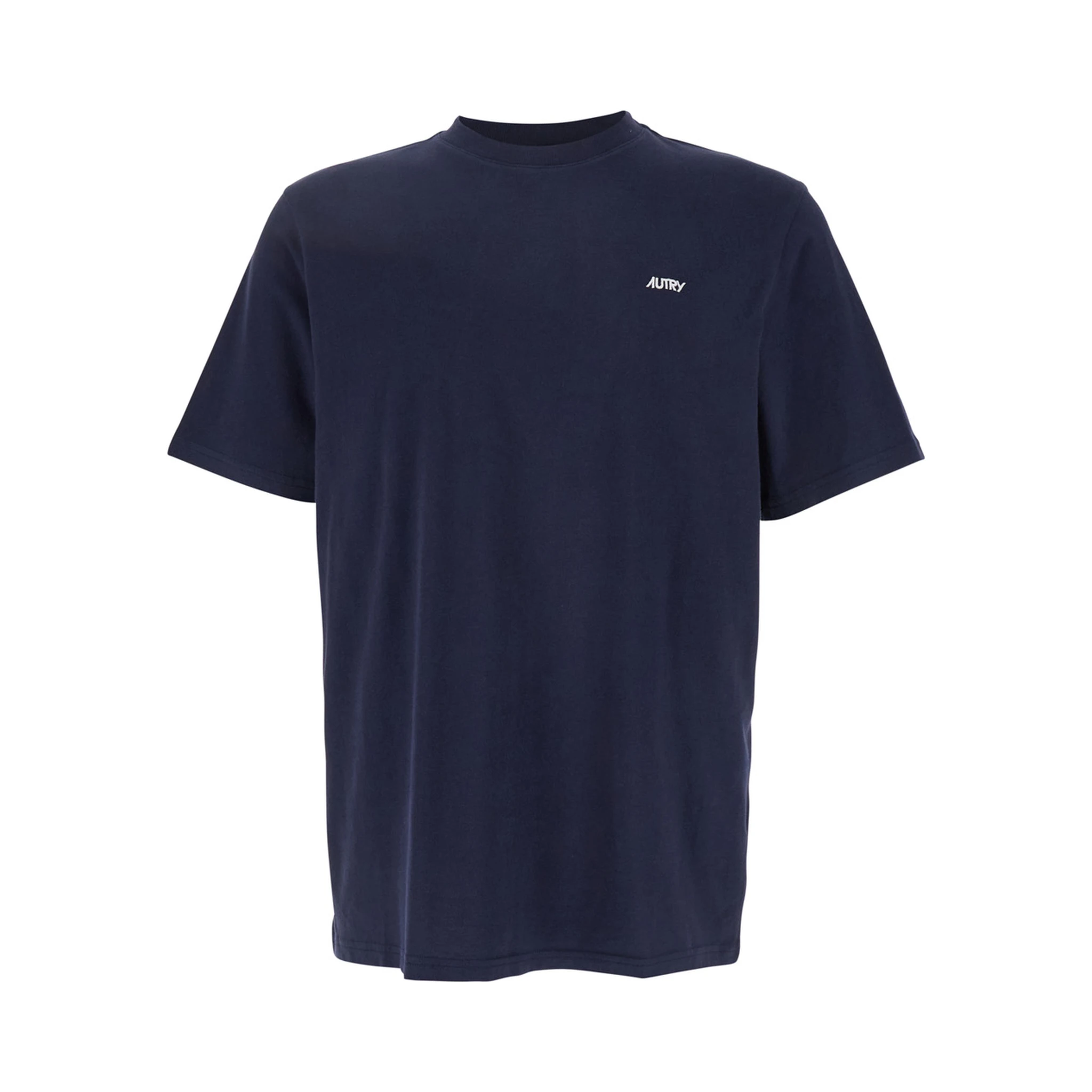 Blue Round Neck T-Shirt with Logo Embroidered on the Front in Cotton Man